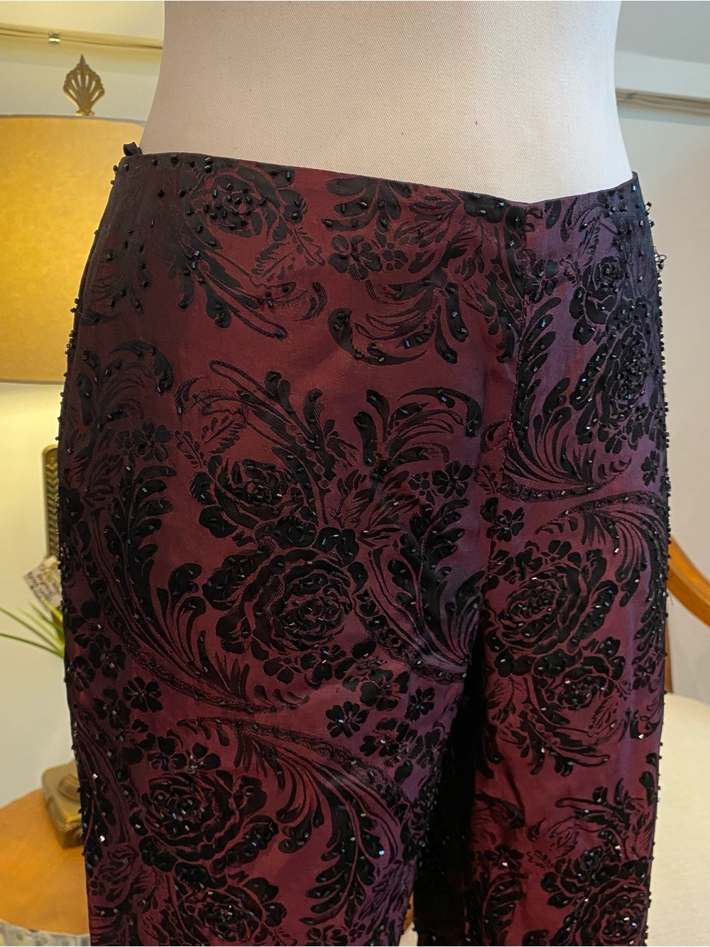 Vintage Cache Beaded Floral Wide-Leg Pants in Burgundy & Black, Size 6